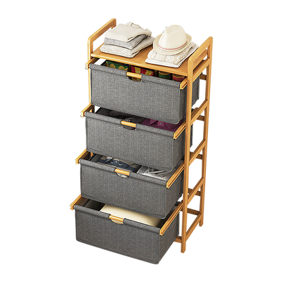 Bamboo Shelf with Storage Hamper – Wooden Organiser with 4 Removable Laundry Bags