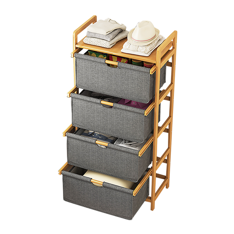 Bamboo Shelf with Storage Hamper – Wooden Organiser with 4 Removable Laundry Bags