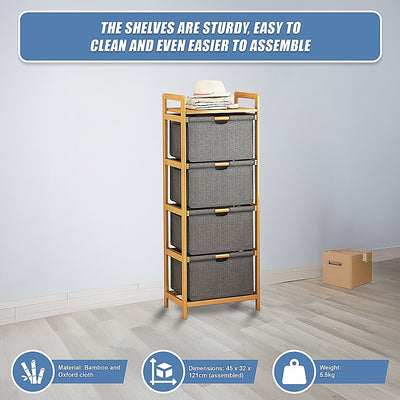 Bamboo Shelf with Storage Hamper – Wooden Organiser with 4 Removable Laundry Bags