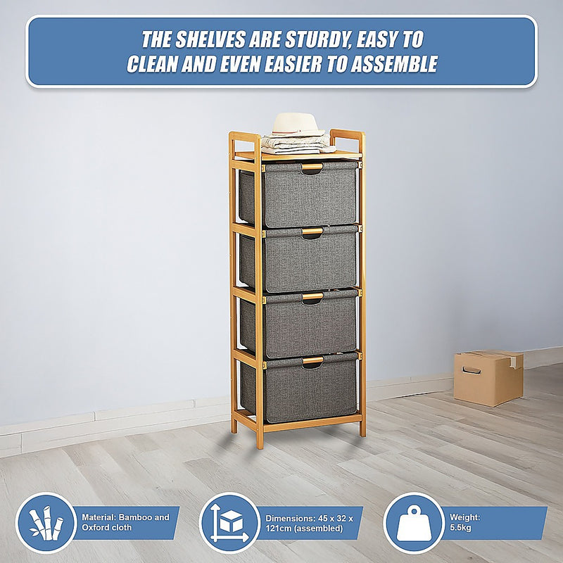 Bamboo Shelf with Storage Hamper – Wooden Organiser with 4 Removable Laundry Bags