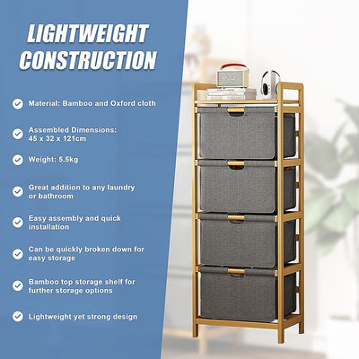 Bamboo Shelf with Storage Hamper – Wooden Organiser with 4 Removable Laundry Bags