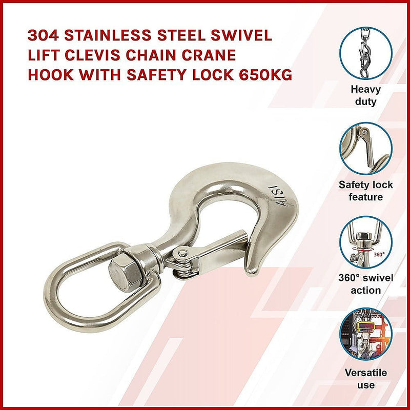 304 Stainless Steel Swivel Lift Clevis Chain Crane Hook with Safety Lock 650kg