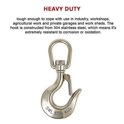 304 Stainless Steel Swivel Lift Clevis Chain Crane Hook with Safety Lock 650kg