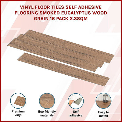 Vinyl Floor Tiles Self Adhesive Flooring Smoked Eucalyptus Wood Grain 16 Pack 2.3SQM