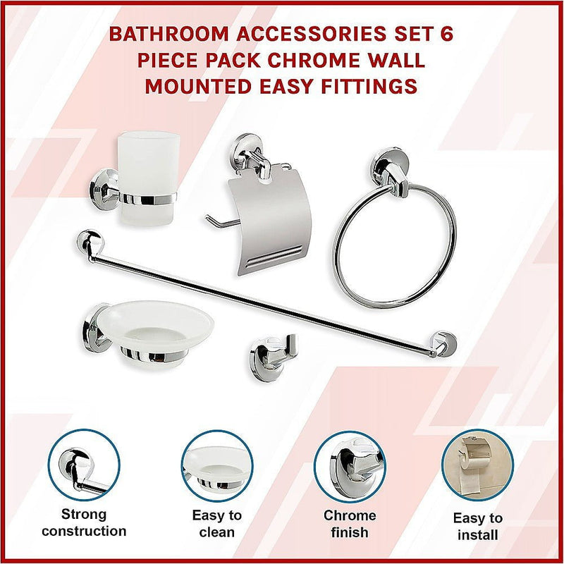 Bathroom Accessories Set 6 Piece Pack Chrome Wall Mounted Easy Fittings