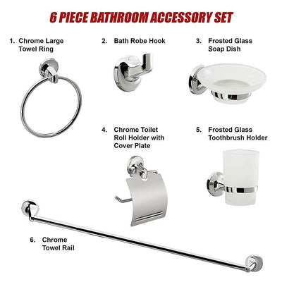 Bathroom Accessories Set 6 Piece Pack Chrome Wall Mounted Easy Fittings