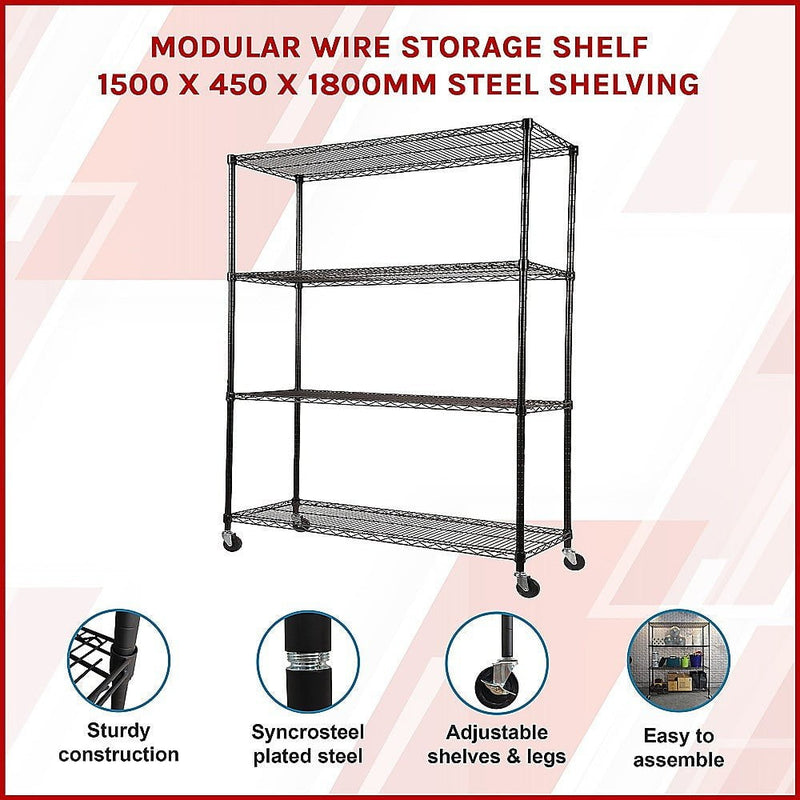 Modular Wire Storage Shelf 1500 x 450 x 1920mm Steel Shelving with Wheels