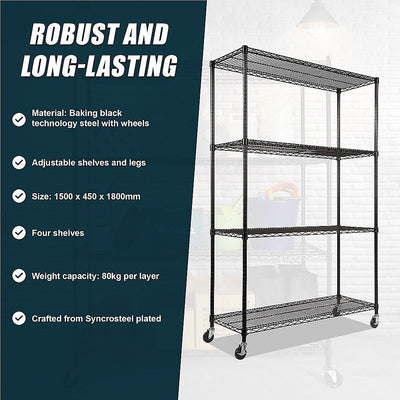 Modular Wire Storage Shelf 1500 x 450 x 1920mm Steel Shelving with Wheels