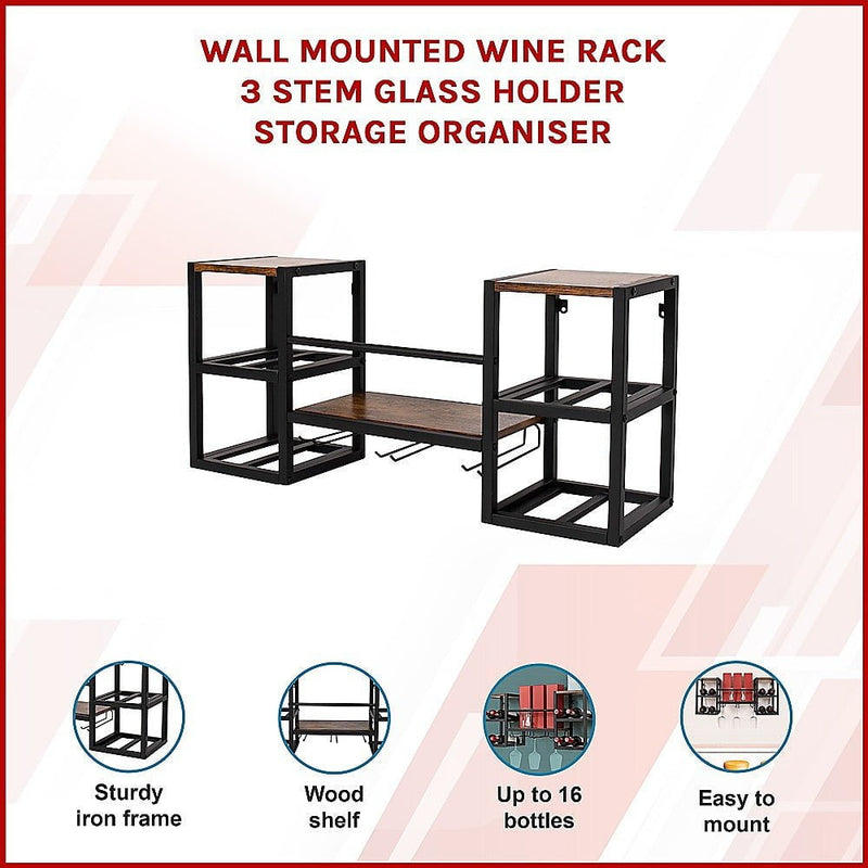 Wall Mounted Wine Rack 3 Stem Glass Holder Storage Organiser