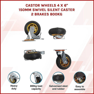 Castor Wheels 4 x 6" 150mm Swivel Silent Caster 2 Brakes 800KG