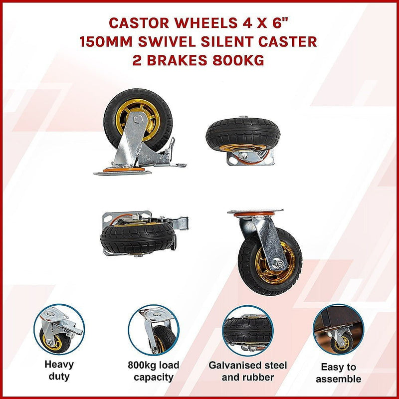 Castor Wheels 4 x 6" 150mm Swivel Silent Caster 2 Brakes 800KG