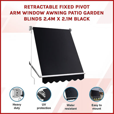Retractable Fixed Pivot Arm Window Awning Patio Garden Blinds 2.4m x 2.1m Black