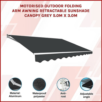 Motorised Outdoor Folding Arm Awning Retractable Sunshade Canopy Grey 5.0m x 3.0m