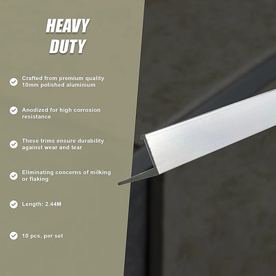 10 x Tile Trim Heavy Duty L Shaped Edge Aluminium 10mm