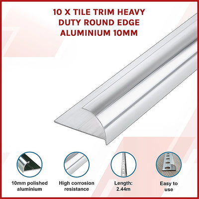 10 x Tile Trim Heavy Duty Round Edge Aluminium 10mm