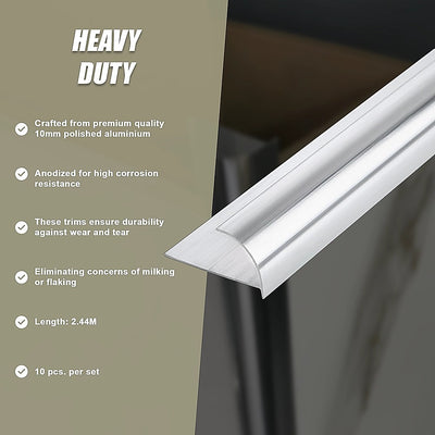 10 x Tile Trim Heavy Duty Round Edge Aluminium 10mm