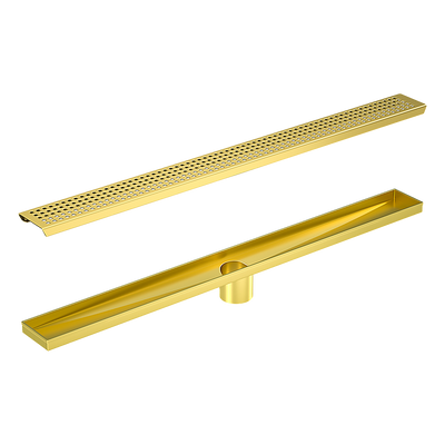 900mm Bathroom Shower Brushed Brass Grate Drain w/ Centre outlet Floor Waste Square Pattern