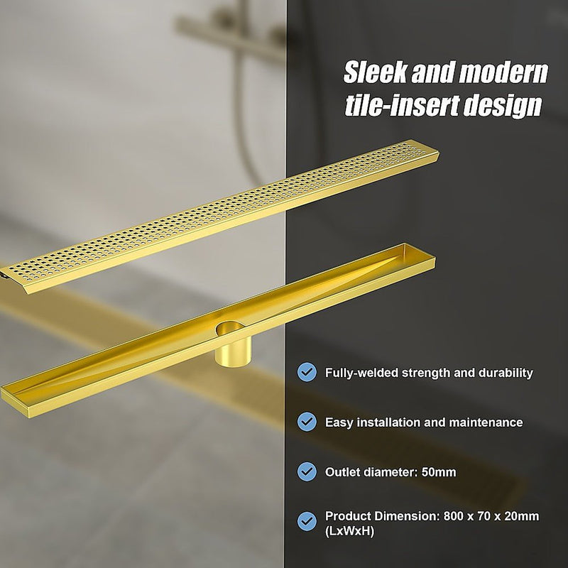 800mm Bathroom Shower Brushed Brass Grate Drain w/ Centre outlet Floor Waste
