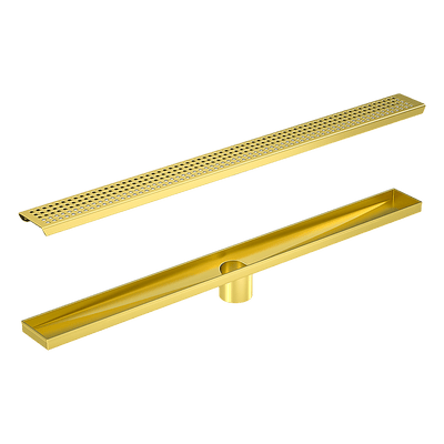 1200mm Bathroom Shower Brushed Brass Grate Drain w/ Centre outlet Floor Waste Square Pattern