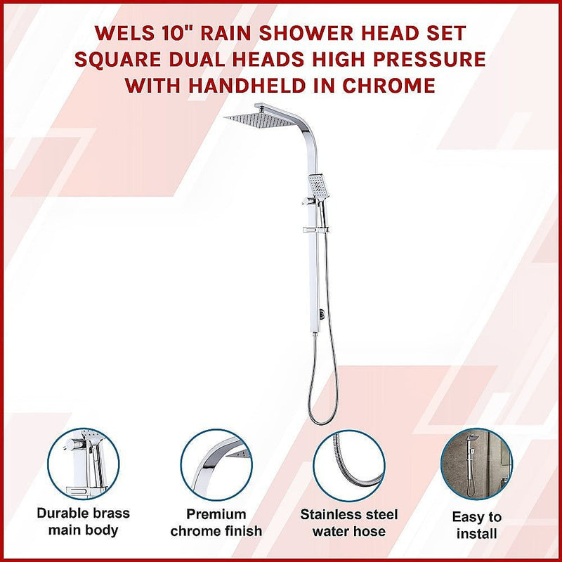 WELS 10" Rain Shower Head Set Square Dual Heads High Pressure with Handheld in Chrome
