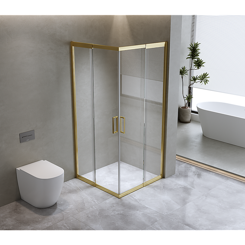 Adjustable 900x900mm Double Sliding Door Glass Shower Screen in Gold