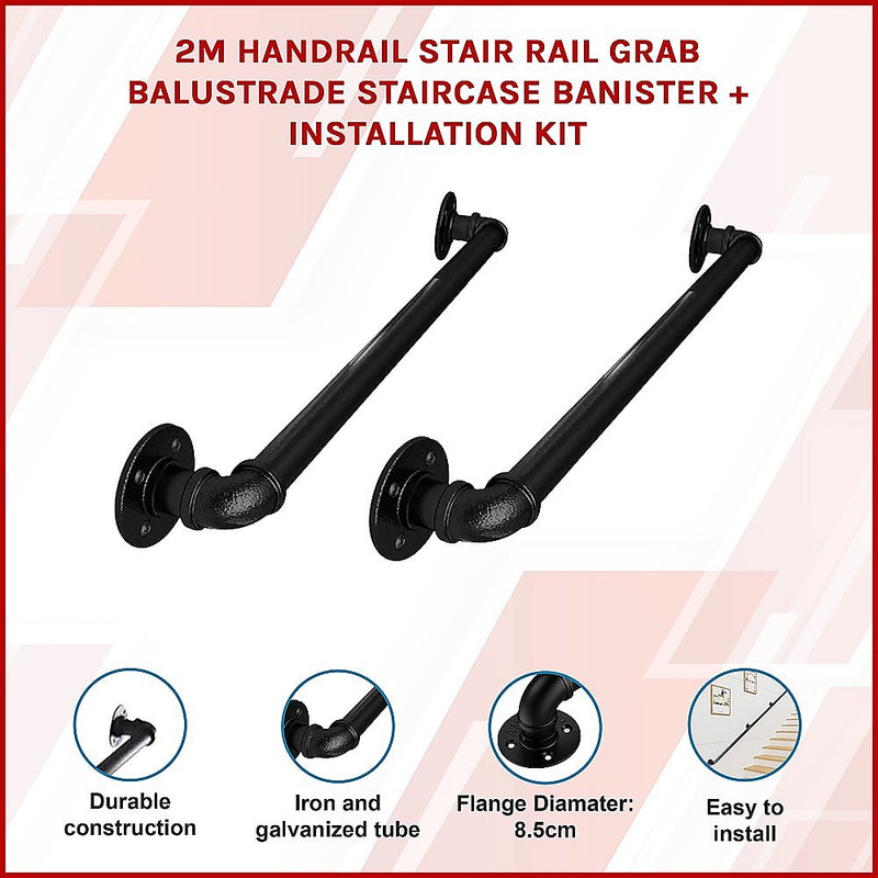 2m Handrail Stair Rail Grab Balustrade Staircase Banister + Installation Kit