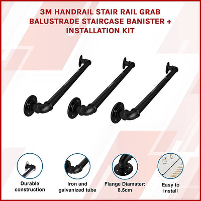 3m Handrail Stair Rail Grab Balustrade Staircase Banister + Installation Kit