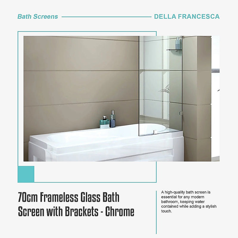 70cm Frameless Glass Bath Screen with Wall U-Bracket - Chrome