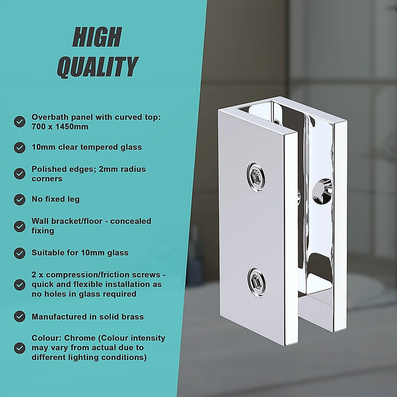 70cm Frameless Glass Bath Screen with Wall U-Bracket - Chrome