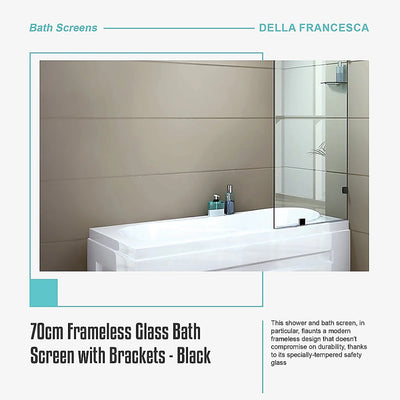 70cm Frameless Glass Bath Screen with Brackets - Black