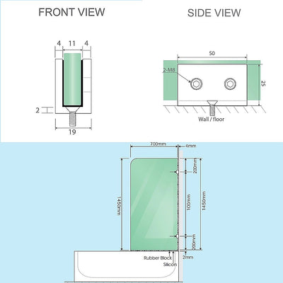 70cm Frameless Glass Bath Screen with Brackets - Black