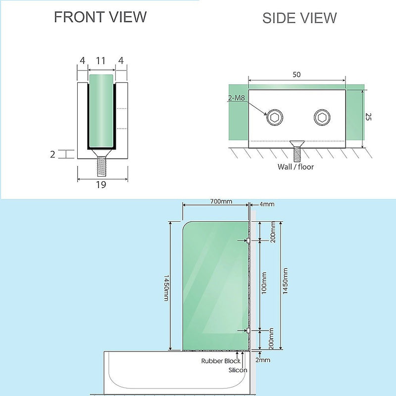 70cm Frameless Glass Bath Screen with Brackets - Black