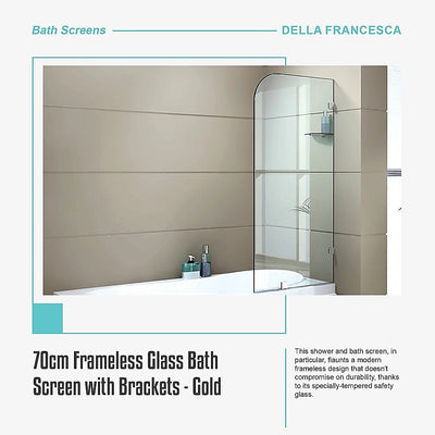 70cm Frameless Glass Bath Screen with Brackets - Gold