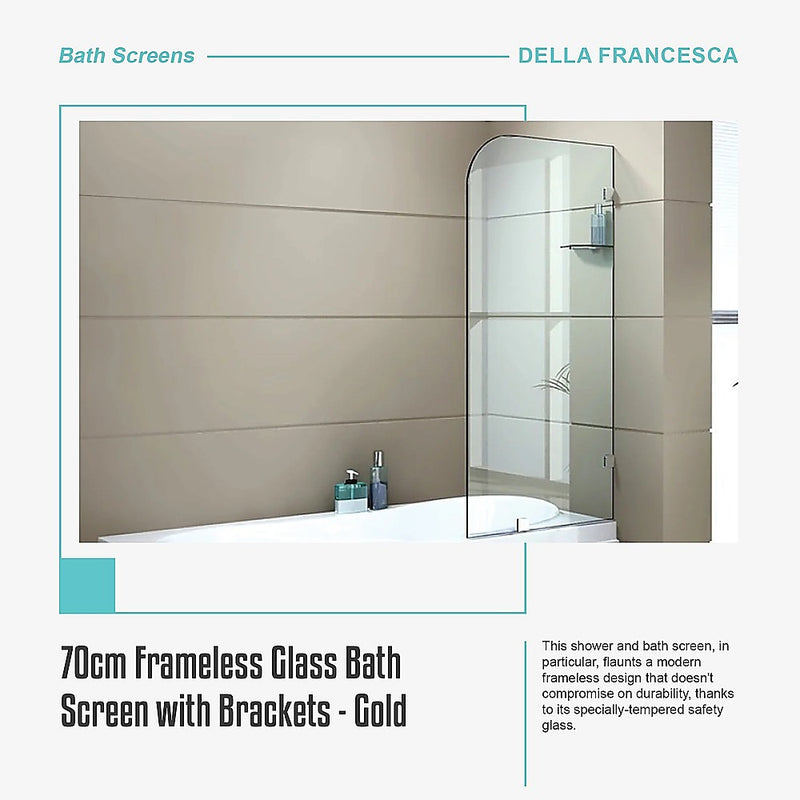 70cm Frameless Glass Bath Screen with Brackets - Gold
