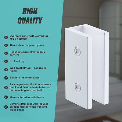70cm Frameless Glass Bath Screen with Brackets - White