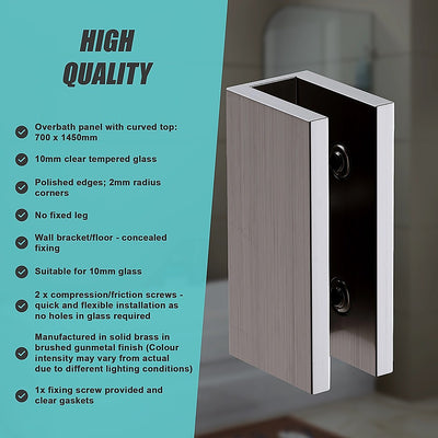 70cm Frameless Glass Bath Screen with Brackets - Gunmetal