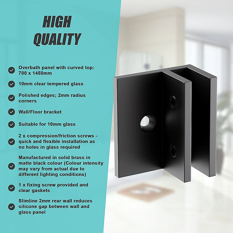 70cm Frameless Glass Bath Screen with Brackets - Black