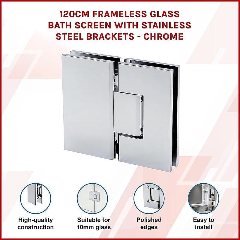 120cm Frameless Glass Bath Screen – Stainless Steel Wall U-Brackets in Chrome