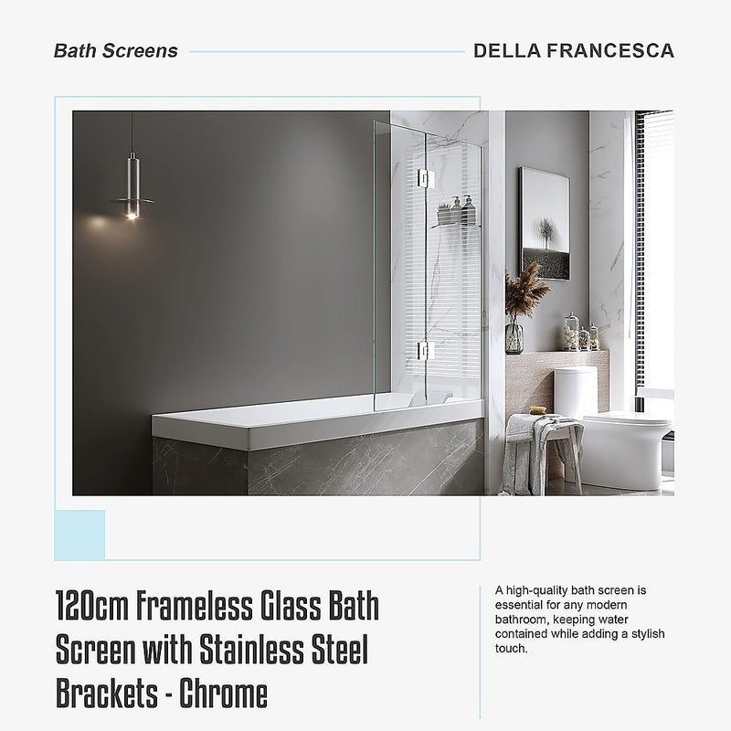 120cm Frameless Glass Bath Screen – Stainless Steel Wall U-Brackets in Chrome