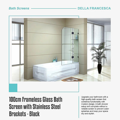 100cm Frameless Glass Bath Screen with Stainless Steel Brackets - Black