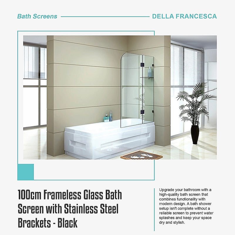 100cm Frameless Glass Bath Screen with Stainless Steel Brackets - Black