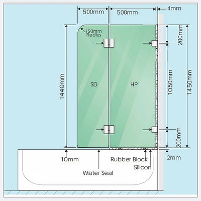 100cm Frameless Glass Bath Screen with Stainless Steel Brackets - Black
