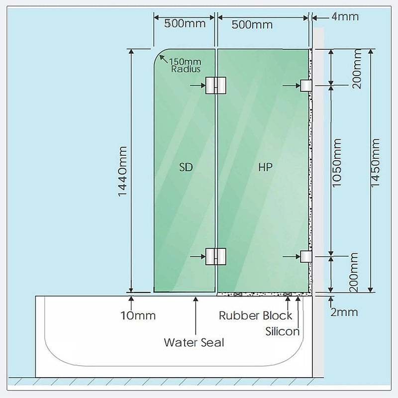 100cm Frameless Glass Bath Screen with Stainless Steel Brackets - Black