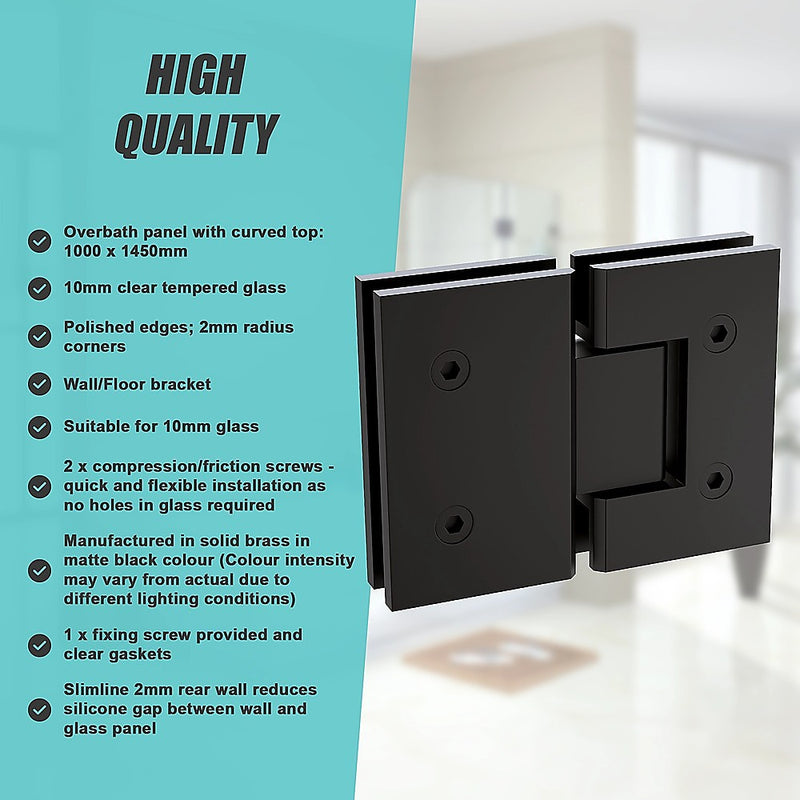 100cm Frameless Glass Bath Screen with Stainless Steel Brackets - Black