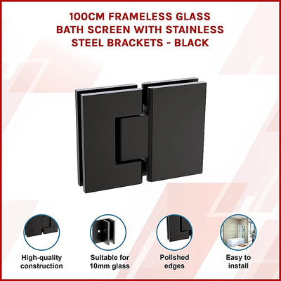 100cm Frameless Glass Bath Screen with Stainless Steel Brackets - Black