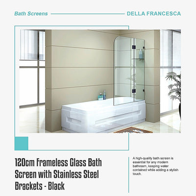 120cm Frameless Glass Bath Screen with Stainless Steel Brackets - Black