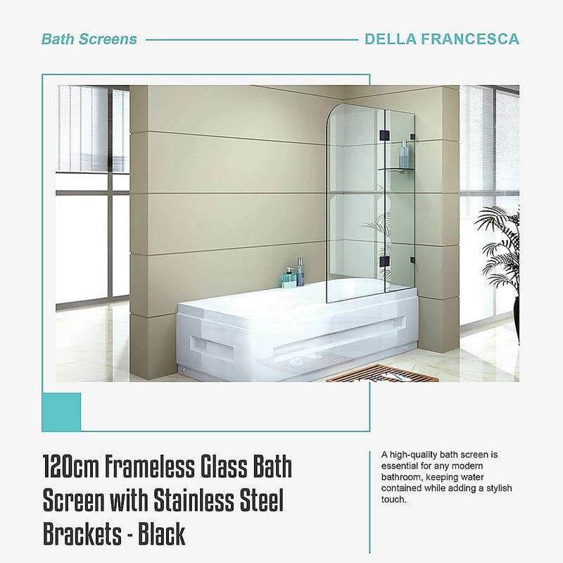 120cm Frameless Glass Bath Screen with Stainless Steel Brackets - Black
