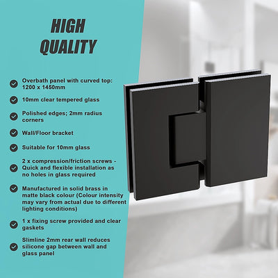 120cm Frameless Glass Bath Screen with Stainless Steel Brackets - Black