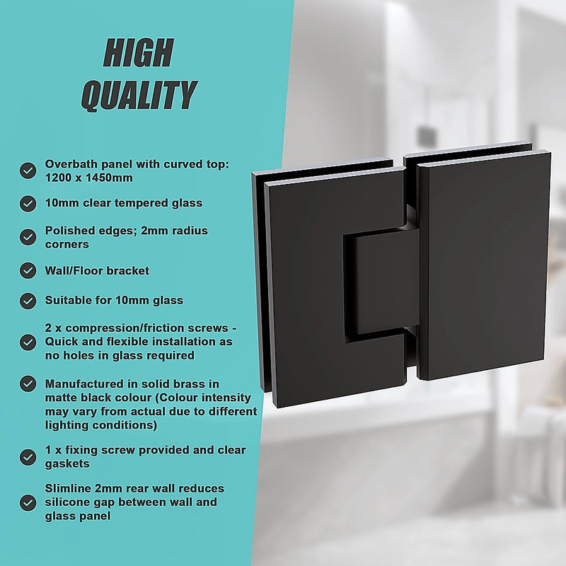 120cm Frameless Glass Bath Screen with Stainless Steel Brackets - Black