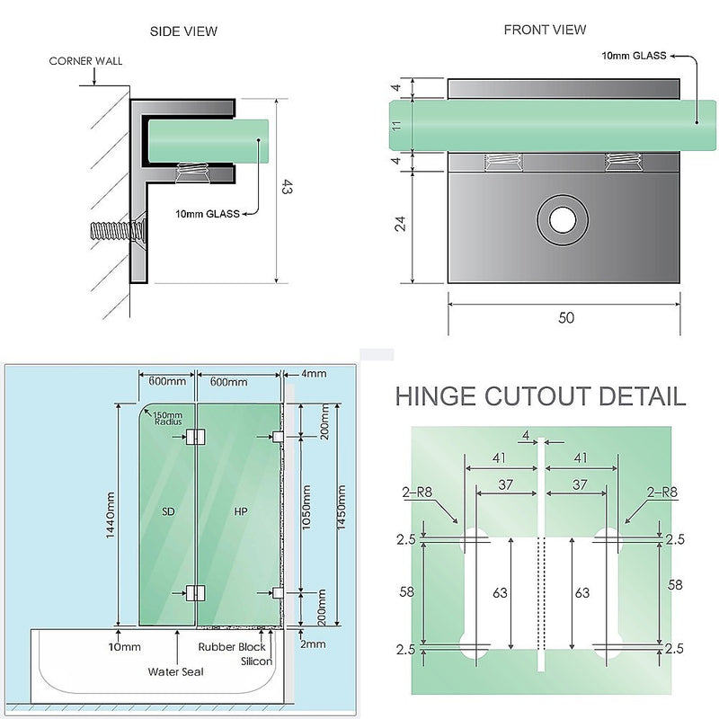 120cm Frameless Glass Bath Screen with Stainless Steel Brackets - Black